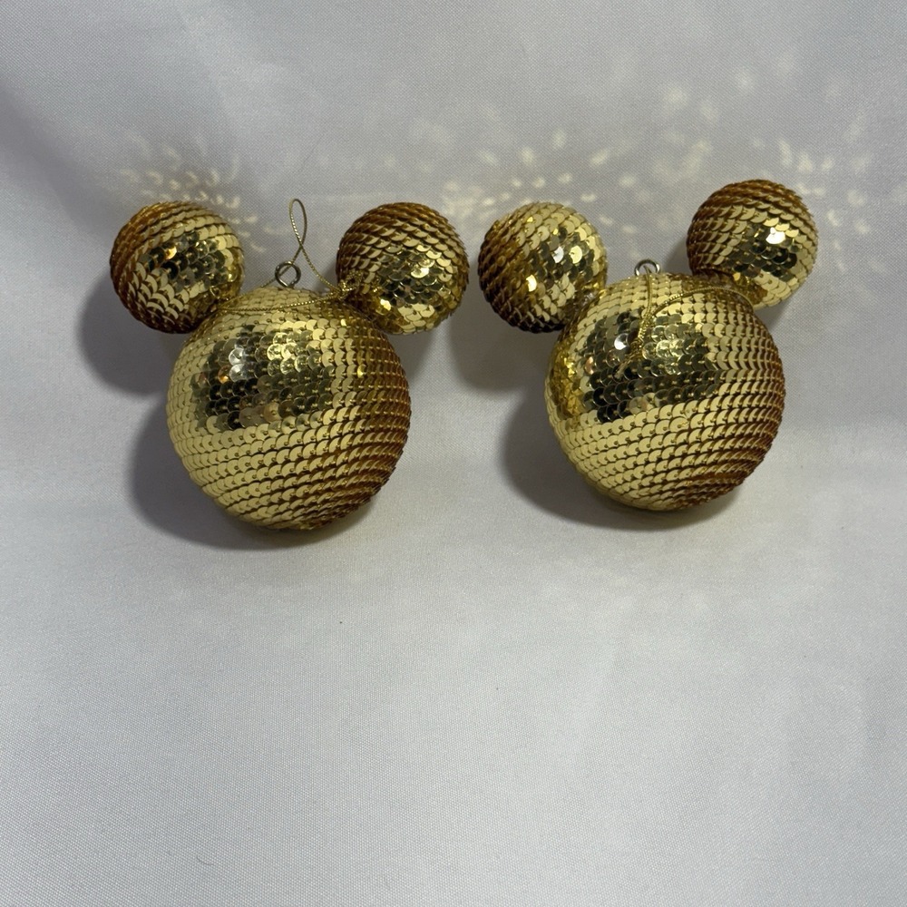 (2) Mickey Mouse Gold Disco Ball Christmas‎ Ornaments
